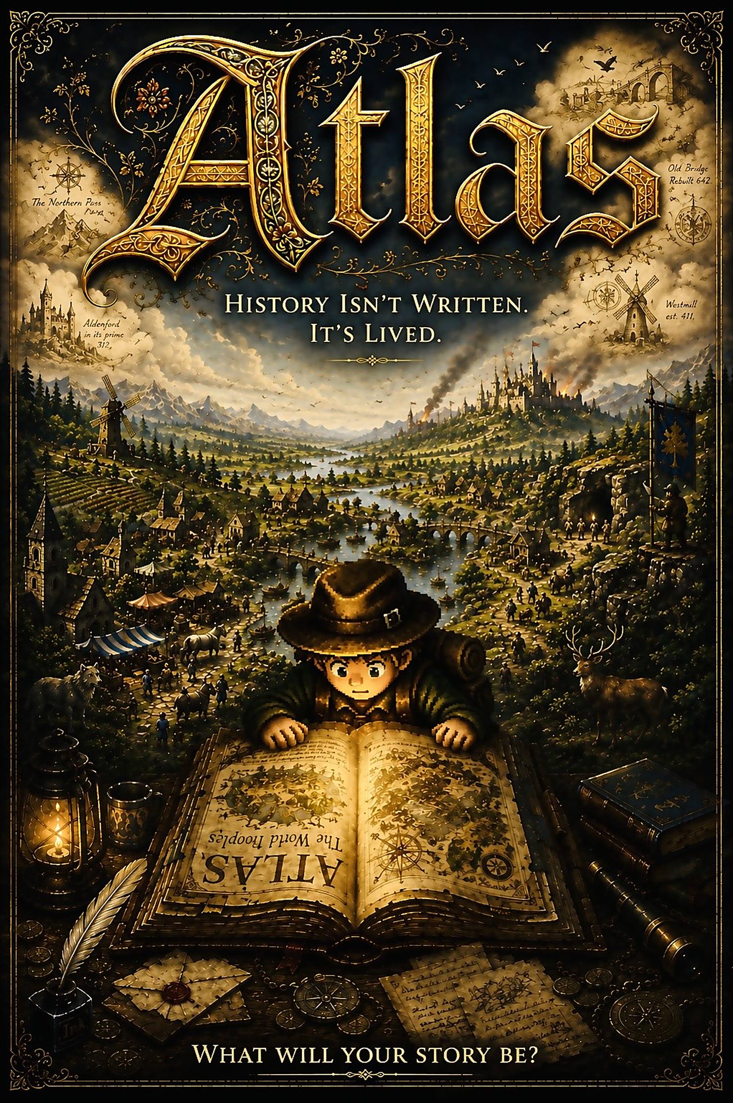 An illuminated plate of the Atlas valley: a ruined watchtower on the western ridge, a river crossed by an old stone bridge, villages and mills along its banks, a castle burning on the far hill, and in the foreground a child bent over an open book.
